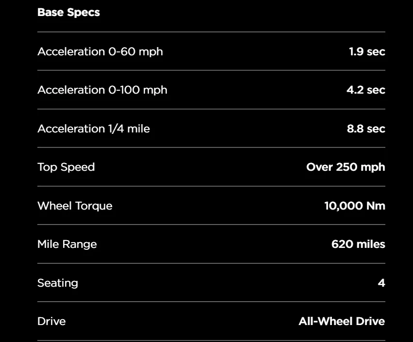 New Tesla Roadster general specifications, 4 seater, all wheel drive