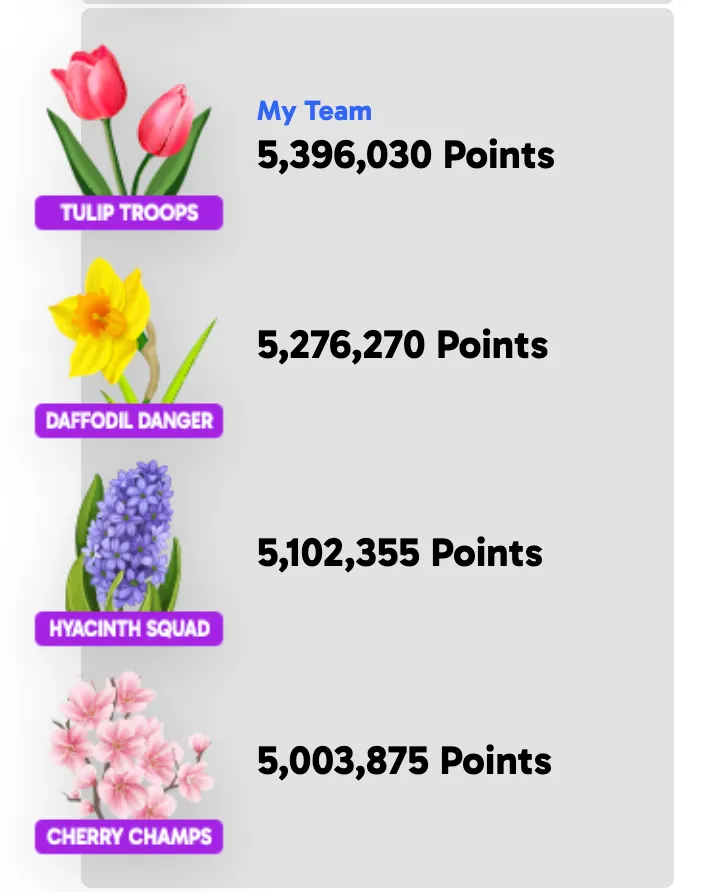 Flower Frenzy Team Standings